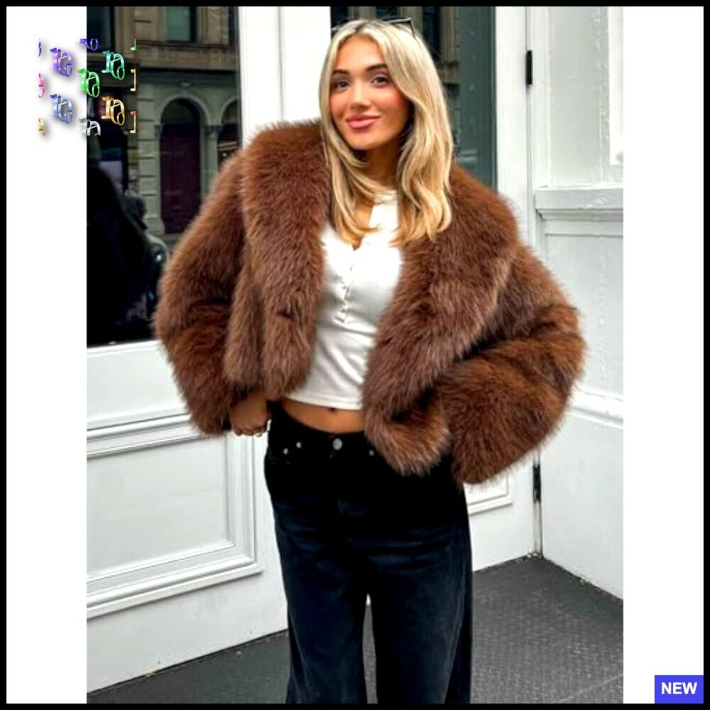 Fluffy Faux Fur Cropped Jacket Open Front Shawl Collar Winter Coat Chic - Picture 2 of 7